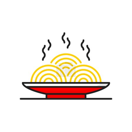Ilustración de Instant noodles in red bowl or plate, China and Japan cuisine food isolated thin line icon. Vector asian meal, chinese japanese food, restaurant pasta - Imagen libre de derechos