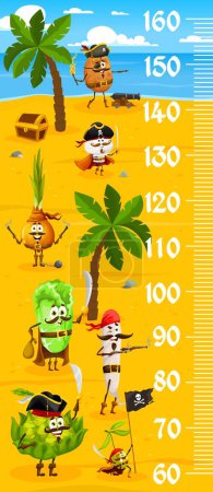 Illustration for Kids height chart ruler cartoon vegetable pirates and corsairs characters. Vector pediatric stadiometer with potato, mushroom, onion, lettuce or cauliflower with radish and olive filibusters and scale - Royalty Free Image