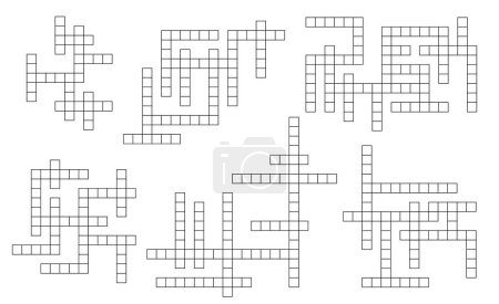 Illustration for Crossword puzzle grids. Vocabulary quiz, word search riddle game or text game vector blank cross grids. Crossword templates set, wordsearch playing activity worksheets - Royalty Free Image