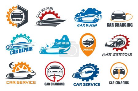 Illustration for Car service icons. Car wash, repair, charge and sharing symbols. Vehicle repair and carwash service vector signs, electric automobile charging station, auto spare parts shop icons - Royalty Free Image