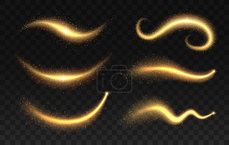 Téléchargez les illustrations : Golden magic dust trail, gold glitter glow and star light. Vector set of shine flare effect waves. Magic swirl, twinkle with glowing flying sparks. Wand trace, spell, wizard or fairy shiny lightning - en licence libre de droit