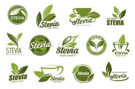 Illustration for Stevia leaf and herbal extract icons. Stevia product stickers, natural sweetener and healthy food product vector labels or icons set. Stevia leaves round tags, eco product green emblems - Royalty Free Image