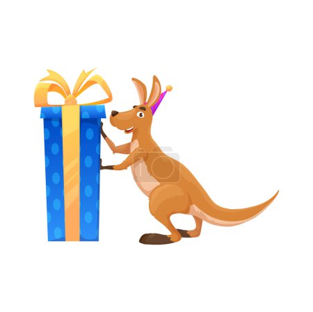 Ilustración de Cartoon kangaroo character with present box. Isolated funny vector wallaroo wear festive hat with huge gift celebrate birthday. Australian marsupial animal personage, comic lovely mammal wallaby - Imagen libre de derechos