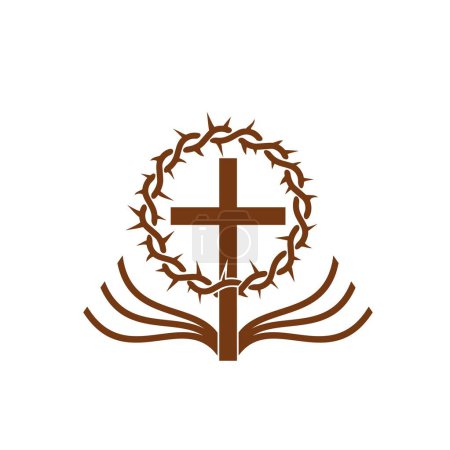 Téléchargez les illustrations : Christianity religion symbol. Cross, Bible and crown of thorns. Catholic christian church, evangelism commune or baptism confession vector emblem or simple sign, religion and faith symbol or icon - en licence libre de droit