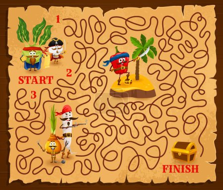 Illustration for Labyrinth maze cartoon vegetable pirates and corsairs characters with treasure chest. Kids vector worksheet with kohlrabi, mushroom, bell pepper and radish filifusters searching way to hidden loot - Royalty Free Image