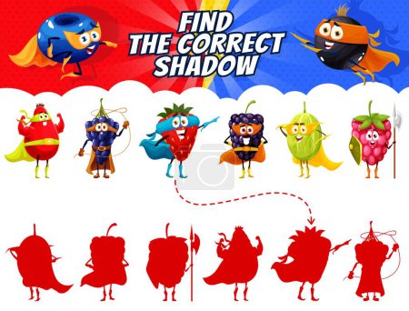 Téléchargez les illustrations : Find the correct shadow of cartoon superhero berry characters. Kids vector game worksheet with comic rosehip, grape, strawberry and blackberry, gooseberry and raspberry super hero personages shades - en licence libre de droit