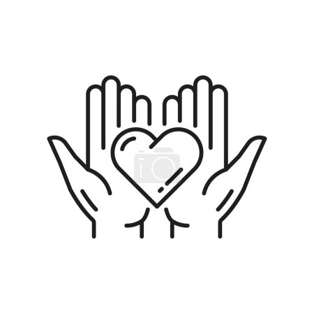 Ilustración de Help and support, people holding heart in hands, family couple in love isolated outline icon. Vector healthcare, cardiology medical clinic emblem - Imagen libre de derechos