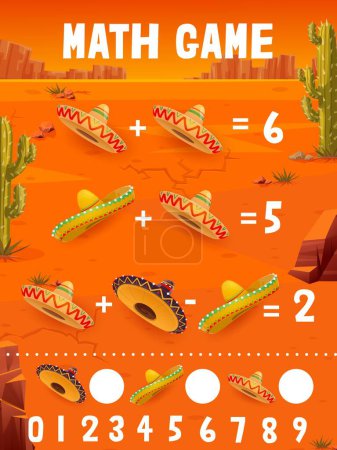 Téléchargez les illustrations : Math game worksheet, Mexican sombrero hats, desert and cactus, vector mathematics quiz. Calculation skills education training of numbers count with addition and subtraction in math game puzzle - en licence libre de droit
