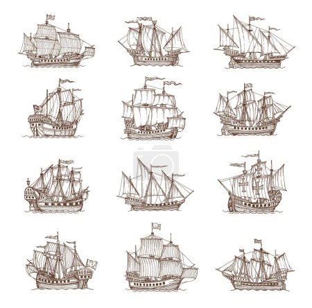 Illustration for Sail ship, sailboat or brigantine sketch, vector pirate frigate icons. Marine sail ships in vintage sketch or pencil hatching, retro sailboats on sea or ocean waves with flags of Caribbean adventure - Royalty Free Image