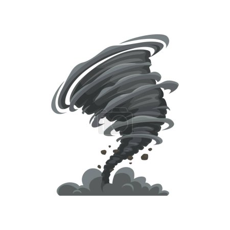 Téléchargez les illustrations : Tornade de dessin animé noire, tempête ou cyclone et tourbillon de spin typhon, vecteur isolé. Tornade ou effet de nuage d'ouragan, entonnoir de cyclone de tempête ou tourbillon en spirale de fumée ou de poussière noire - en licence libre de droit