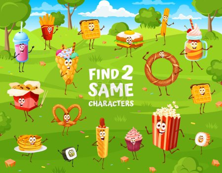 Téléchargez les illustrations : Find two same characters cartoon fast food and desserts personages. Kids game vector worksheet with french fries, wafer, cocktail and bagel. Pop corn, pretzel, roll, noodles or honey jar and ice cream - en licence libre de droit