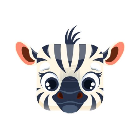 Téléchargez les illustrations : Cartoon zebra kawaii square animal face. Cute striped african baby horse muzzle. Isolated vector icon, safari character portrait, zoo app button, graphic design element - en licence libre de droit