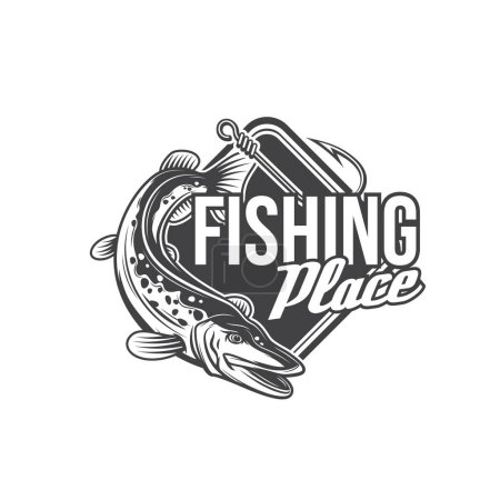 Téléchargez les illustrations : Pike fishing icon, vector fish and fisherman tackle hook. Fishing sport equipment and angler items with pike or predatory freshwater fish isolated badge, fisherman club emblem or outdoor hobby symbol - en licence libre de droit