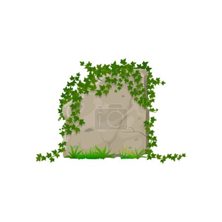Illustration for Cartoon stone board with ivy leaves, floral climbing decoration. Vector hedera climbing vines on block panel, ui gui game asset interface panel - Royalty Free Image
