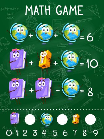 Téléchargez les illustrations : Cartoon school education objects math game worksheet. Vector mathematics riddle for children education and learning arithmetic equations with funny globe, textbook and pencil sharpener, puzzle task - en licence libre de droit