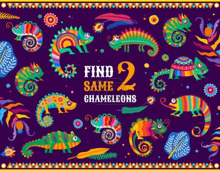 Illustration for Find two same mexican chameleon lizards kids game worksheet. Vector match the similar pair of tropical reptiles riddle for children. Development puzzle, task or educational family leisure activity - Royalty Free Image