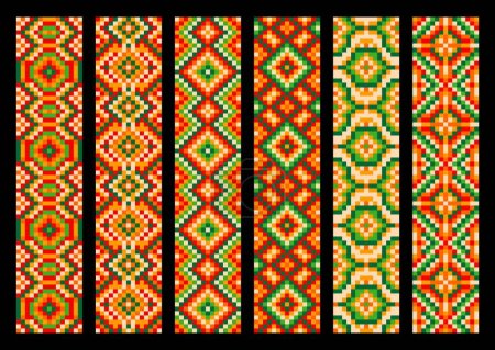 Téléchargez les illustrations : Modèle de pixel mexicain ethnique avec ornement tribal aztèque. Bordures vectorielles, rubans et rayures avec mosaïque géométrique de couleur pour la décoration de broderies, tissus, tapis ou vêtements mexicains - en licence libre de droit