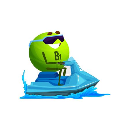 Illustration for Cartoon vitamin B1 character on jet ski. Vector green food supplement personage having fun riding water scooter. Isolated smiling thiamine capsule wearing sunglasses active rest in sea at sunny day - Royalty Free Image