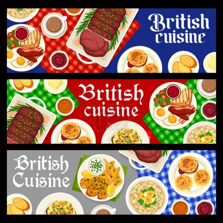 Illustration for British cuisine restaurant food banners. Scones with jam and clotted cream, oatmeal with fruits and shepherds pie, fish and chips, roast beef, coffee, full English breakfast with eggs, bacon and salad - Royalty Free Image