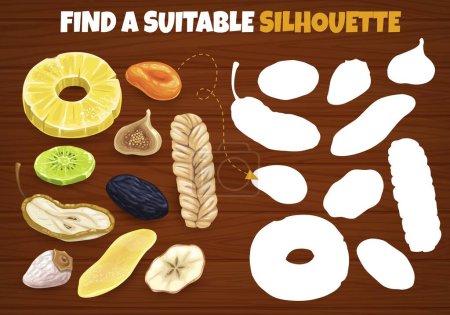 Téléchargez les illustrations : Dried fruits find a suitable silhouette kids game. Vector shadow match worksheet riddle with pineapple, kiwi, dates, and apple, raisin, melon braid, banana and apricot, mango or persimmon logic test - en licence libre de droit