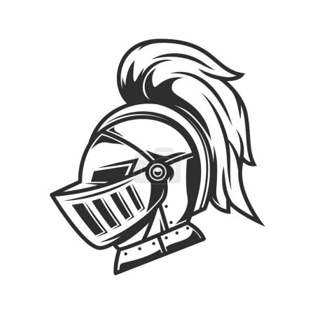 Illustration for Knight warrior helmet, heraldry armor with plume. Vector great helm of medieval soldier, knight, roman gladiator, spartan fighter or greek army warrior. Ancient iron battle helmet or armet front view - Royalty Free Image