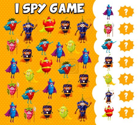 Téléchargez les illustrations : I spy game cartoon superhero berry characters. Kids vector mind development riddle worksheet with honeyberry, raspberry, strawberry and blackberry, gooseberry or rosehip super hero personages - en licence libre de droit