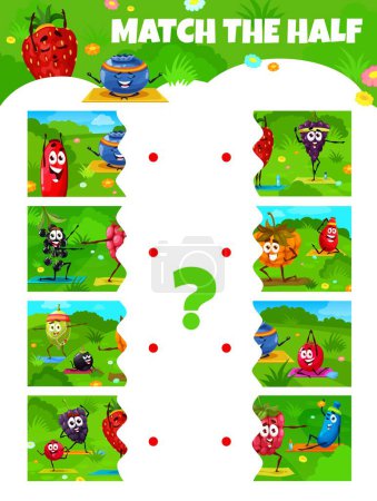 Ilustración de Match the half pieces game. Cartoon berry characters on yoga fitness. Children educational riddle vector quiz game worksheet with strawberry, blueberry and rosehip, blackcurrant, gape and cloudberry - Imagen libre de derechos