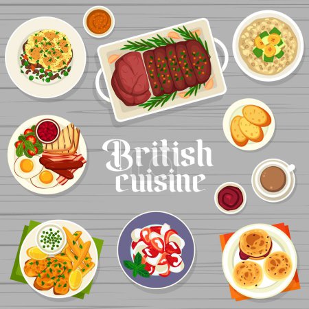 Illustration for British cuisine restaurant food menu cover. Scones with jam and clotted cream and coffee, oatmeal with fruits, roast beef and shepherds pie, full English breakfast with eggs and bacon, fish and chips - Royalty Free Image