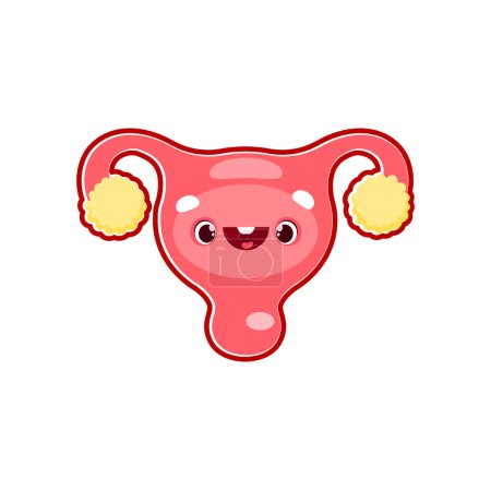 Téléchargez les illustrations : Uterus cartoon human body organ character. Isolated vector smiling female reproductive system. Funny anatomy for kids, body part personage with cute face - en licence libre de droit
