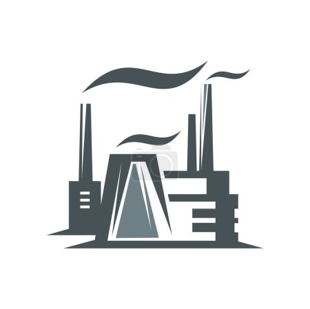 Illustration for Factory icon, industrial plant of gas and oil refinery or technology manufacture, vector silhouette. Factory with chimney and smog, metallurgy industry plant or pipeline and refinery production icon - Royalty Free Image