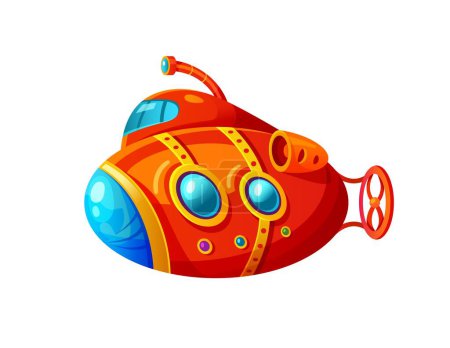 Illustration for Cartoon submarine with periscope, underwater bathyscaphe boat, vector sea ship. Funny red submarine with portholes and propeller, ocean sub marine vehicle toy for kids undersea adventure - Royalty Free Image