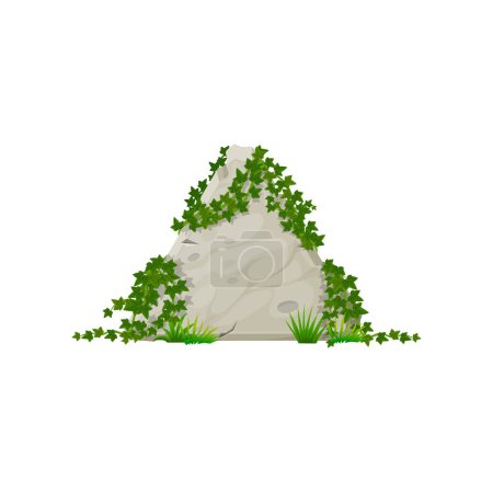Illustration for Cartoon forest jungle ivy leaves on triangle shape rock, game ui asset design. Vector rock and stone panel, granite plate with hedera floral decoration - Royalty Free Image