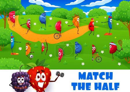 Téléchargez les illustrations : Match half of cartoon cheerful berry characters on summer meadow, vector quiz game. Strawberry, raspberry and blueberry with blackberry, picture match puzzle worksheet to find same correct half - en licence libre de droit