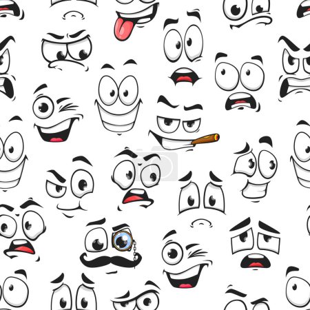 Ilustración de Dibujos animados divertido emoji se enfrenta patrón sin costuras, emoticonos ojo risita vector de fondo. Patrón emoji de ojos grandes con caras de expresión tontas, sonrientes o tristes y molestas, emoticonos riendo y parpadeando - Imagen libre de derechos