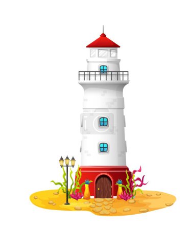 Téléchargez les illustrations : Cartoon sunken lighthouse, underwater house building or undersea fantasy dwelling, vector home. Sea or ocean animal and fairy marine creature house in sunken lighthouse beacon with windows and door - en licence libre de droit