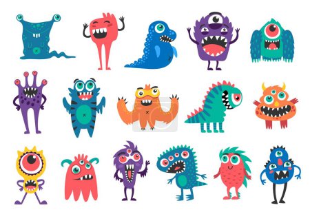 Ilustración de Personajes de monstruos de dibujos animados, criaturas divertidas o extraños animales alienígenas, personajes alegres vectores. Monstruos felices de dibujos animados lindos, trolls y yeti bigfoot para niños, dragón y cíclope de ojos grandes con gremlin - Imagen libre de derechos