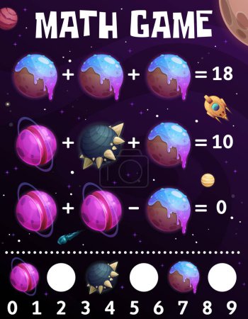 Illustration for Cartoon space planets and stars in galaxy, math game worksheet. Vector mathematics riddle for children education and learning arithmetic equations. Development of calculation skills, puzzle task - Royalty Free Image