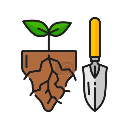 Illustration for Gardening and farming agriculture, agronomy color line icon. Sapling cultivation thin line vector icon with sprout in soil and gardening scoop. Plant or seed grow, farming outline pictogram - Royalty Free Image