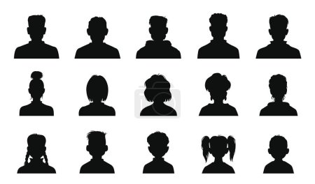 Illustration for Avatar silhouettes, children, human and senior profiles, vector head portrait icons. Person avatar silhouettes of woman, man, girl and boy for faceless photo of user profile or social net picture - Royalty Free Image