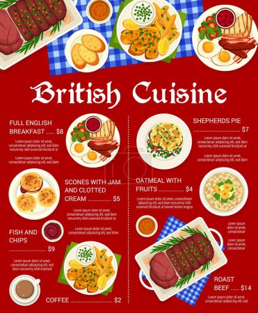 Illustration for British cuisine meals menu template. Fish and chips, full English breakfast with eggs, bacon and salad, oatmeal with fruits, roast beef, scones with jam and clotted cream and shepherds pie, coffee - Royalty Free Image