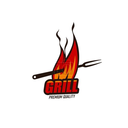 Téléchargez les illustrations : Grill BBQ restaurant icon, fire and fork for barbecue meat food, vector emblem. Steakhouse and BBQ grill steak bar menu label with got flame and fork for charcoal barbeque burgers and fast food sign - en licence libre de droit