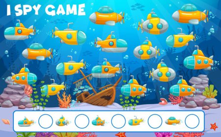 Illustration for Cartoon underwater submarine and bathyscaphe i spy game worksheet. Kids vector riddle count how many sub boats on sea bottom. Children test, education task for family recreation, brainteaser fun - Royalty Free Image
