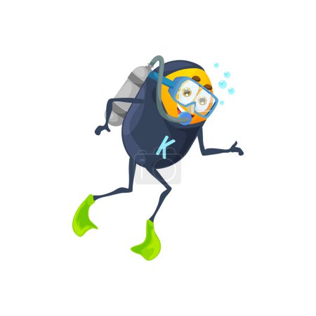 Illustration for Cartoon vitamin K character on diving in sea under water with scuba dive equipment. Vector positive phylloquinone capsule in wetsuit with oxygen tank and fins. Isolated personage having fun at depth - Royalty Free Image