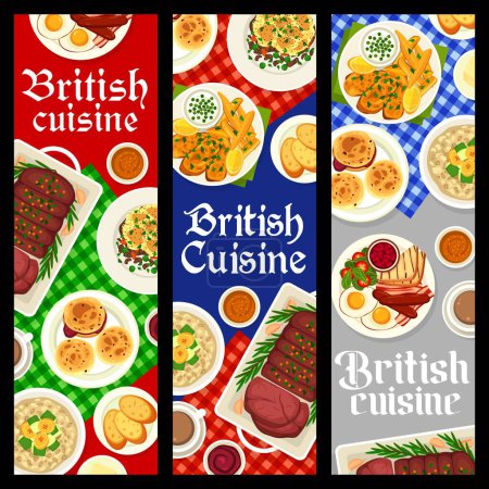 Illustration for British cuisine restaurant food banners. Fish and chips, scones with jam and clotted cream, oatmeal with fruits, shepherds pie and roast beef, full English breakfast with eggs, bacon and salad, coffee - Royalty Free Image