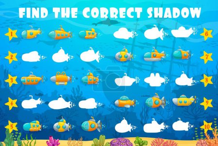 Illustration for Find the correct shadow of yellow submarine, underwater landscape. Kids vector game worksheet with cartoon sub boats in ocean. Children logic activity, preschool or kindergarten education puzzle - Royalty Free Image