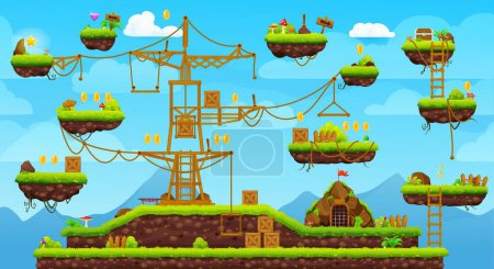 Illustration for 2d arcade game level map interface. Platform, stairs, coin, bonus and treasure icons, vector video and computer game ui. Cartoon ground and grass level landscape, flying islands, ladders, stars, keys - Royalty Free Image