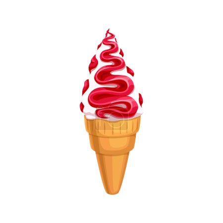 Illustration for Cartoon ice cream cone vector summer dessert food. Soft serve ice cream, vanilla flavored gelato or frozen yogurt swirl in waffle cone with cherry fruit syrup toppings, cold dairy dessert, sweet snack - Royalty Free Image