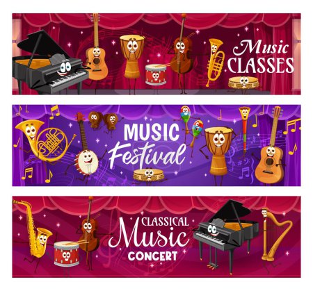 Illustration for Cartoon musical instrument characters. Live music festival, party and concert banners with vector piano, guitar, drums and saxophone, violin, harp, trumpet and banjo personages, happy faces and notes - Royalty Free Image