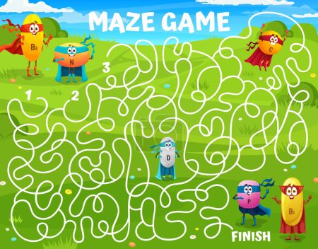 Illustration for Labyrinth maze. Cartoon cheerful superhero vitamin characters. Search path, find way puzzle or kids labyrinth vector worksheet with B, N, D and C, P micronutrient funny heroes personages on meadow - Royalty Free Image