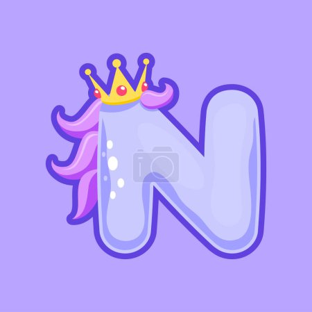 Illustration for N letter unicorn girls font element isolated cartoon character in wig and crown. Vector font alphabet typeset typeface, typography comic ABC - Royalty Free Image